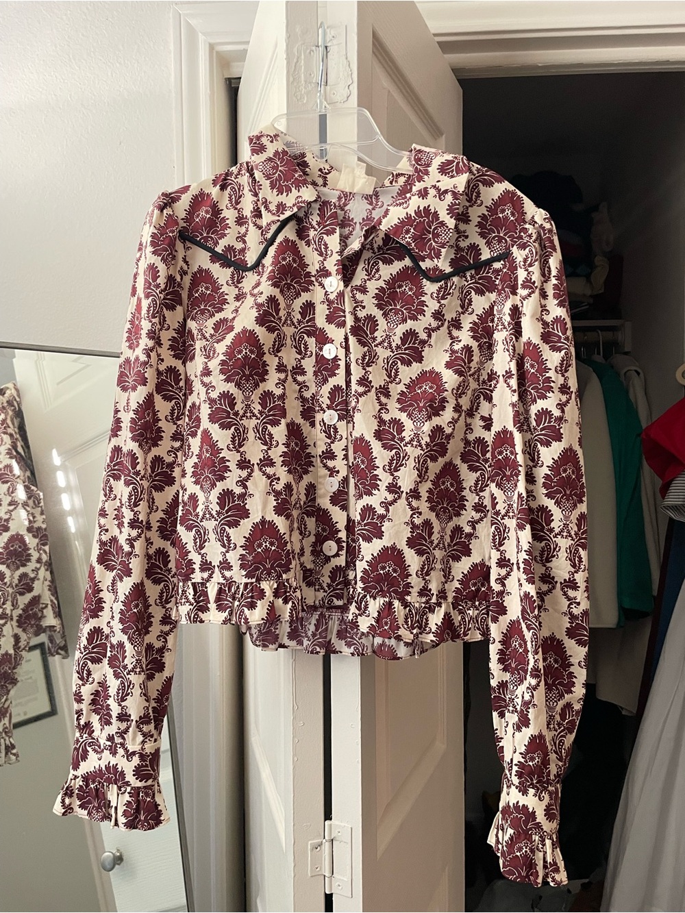 Anthropologie Cream Blouse with Burgundy Damask Print